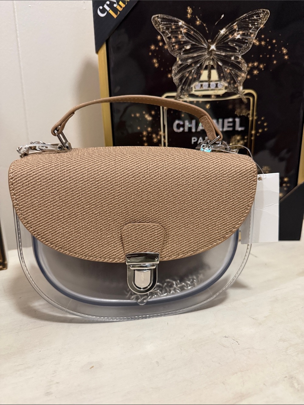 Clear Crossbody Bag with Tan Textured Flap and Silver Hardware